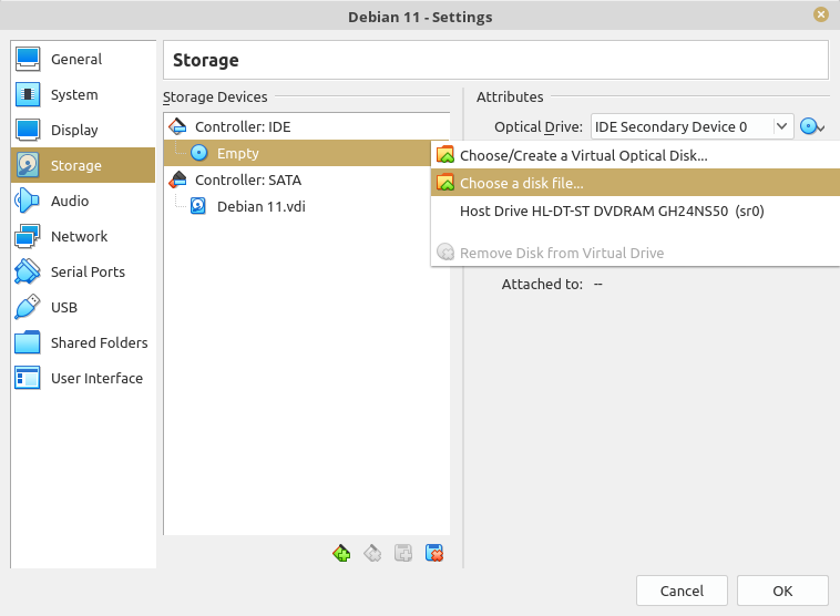 VirtualBox Optical Disk Configuration