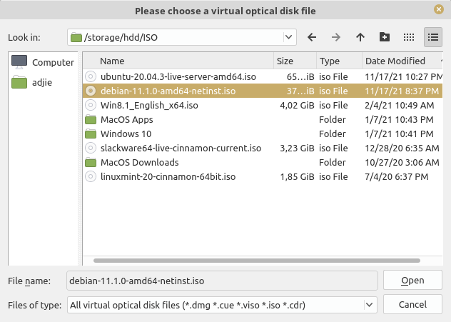 VirtualBox Optical Disk Configuration