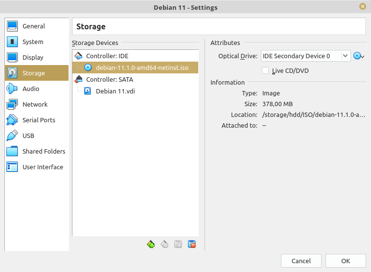 VirtualBox Optical Disk Configuration