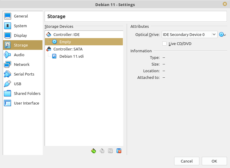 VirtualBox Optical Disk Configuration