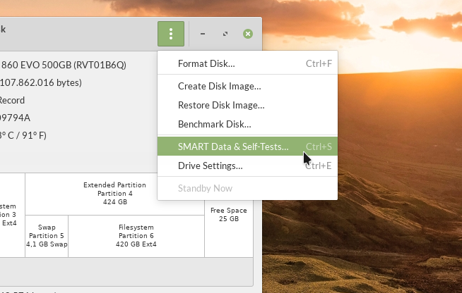 SMART Data & Self Test menu available on Samsung 860 EVO