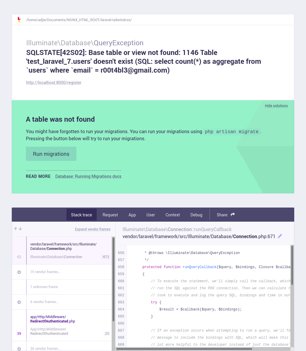 Laravel registration failed